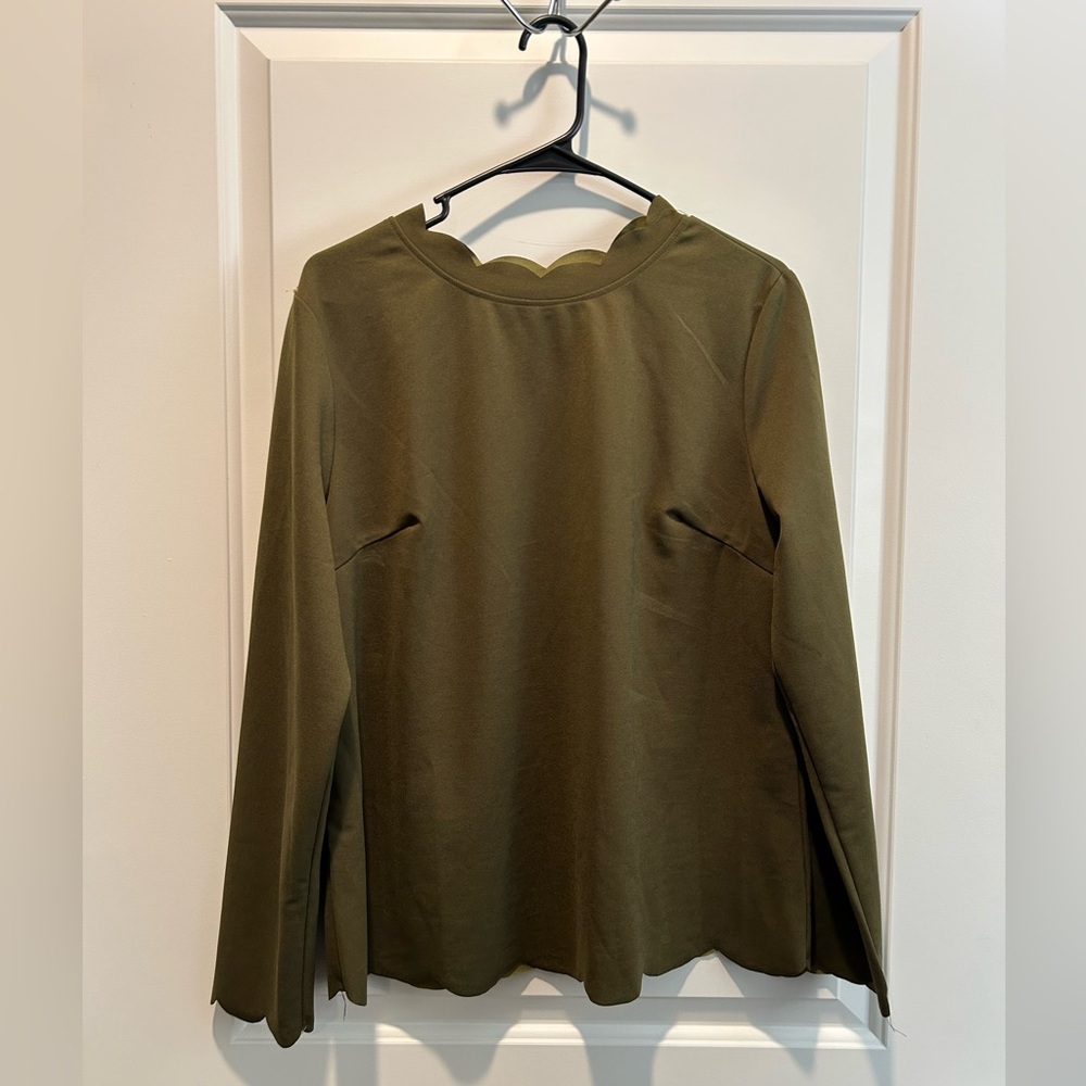 SHEIN Olive Long Sleeve Scalloped Top